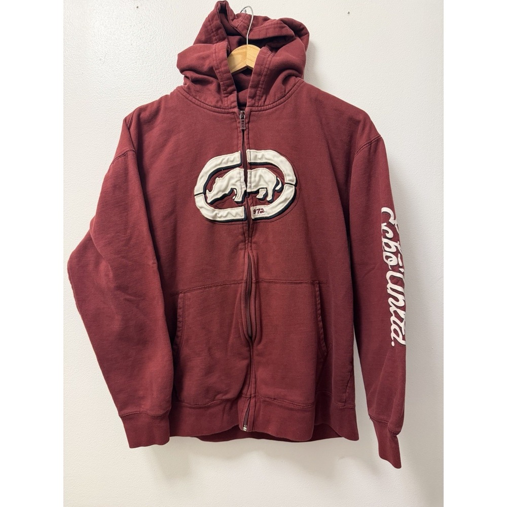 Vintage Ecko Unltd Hoodie Sweatshirt Burgundy Full Zip Men's XL Rhino Logo Y2K